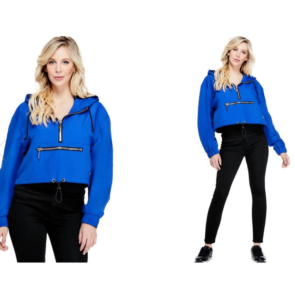 Guess Cropped Blue Half Zip Pullover Jacket Womens Size Medium Pocket